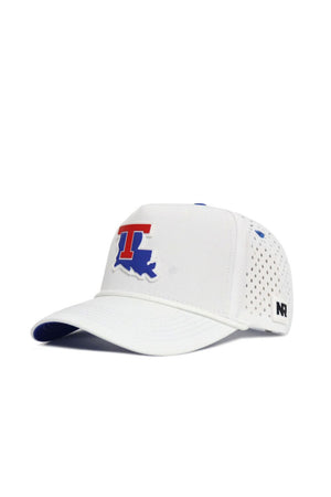 The LA Tech Gameday Hat is a white snapback with a red and blue T logo over a blue Louisiana outline, perforated side panels, and an NR logo—perfect for your gameday look.