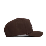 The Miami Hurricanes Americano Hat is a brown, high-quality cotton baseball cap with a curved brim, small top button, and structured fit. Shown from the side against a white background, the hat is plain with minimal details.