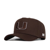 The Miami Hurricanes Americano Hat is a high-quality brown cotton snapback cap featuring a large white-outlined "U" on the front and white "N R" initials on the side.