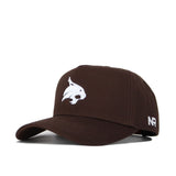 The Texas State Americano Hat is a brown structured baseball cap with a white embroidered bobcat head logo on the front, NR lettering on the side, and an adjustable snapback closure.