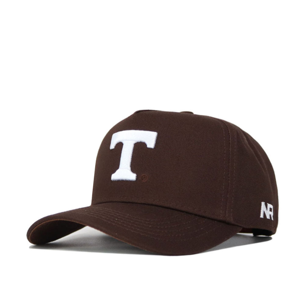 The Tennessee Americano Hat is a brown snapback made from high-quality cotton, featuring a large white "T" on the front and white "AR" lettering on the side in a structured fit.