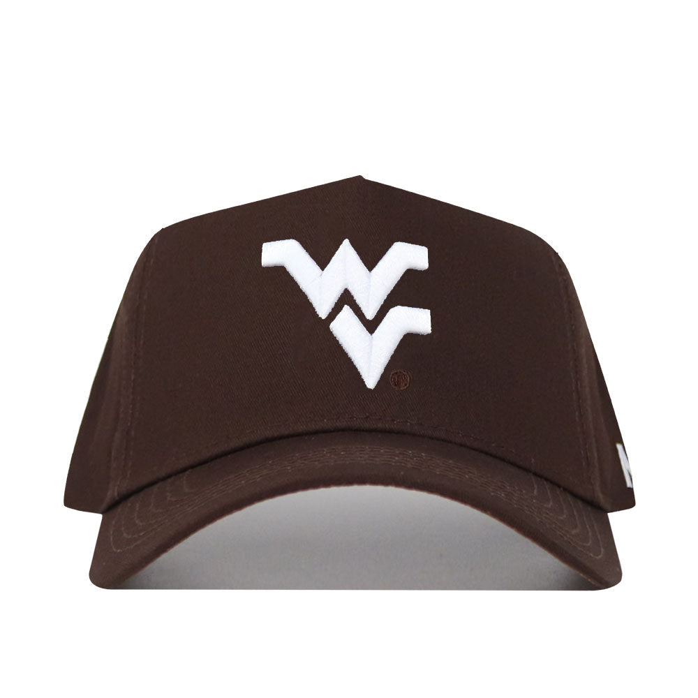 The West Virginia Americano Hat is a brown snapback made from high quality cotton, featuring a large white WV logo on the front. Shown against a plain white background.