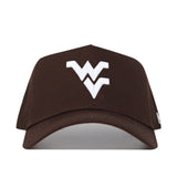 The West Virginia Americano Hat is a brown snapback made from high quality cotton, featuring a large white WV logo on the front. Shown against a plain white background.