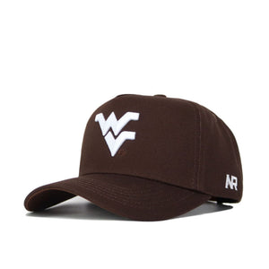 The West Virginia Americano Hat is a brown snapback made from high-quality cotton, featuring a large white WV logo on the front and "AR" embroidered in white on the side with a structured fit.