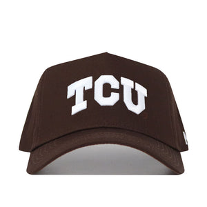 The TCU Americano Hat is a brown, structured-fit cap crafted from high quality cotton with large white embroidered TCU letters on the front, displayed against a white background.