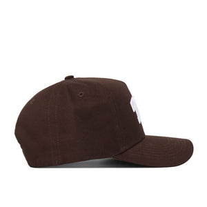 The TCU Americano Hat is a brown, structured-fit snapback cap with a curved brim and subtle white design on the front panel. Made from high-quality cotton, it stands out against a plain white background when viewed from the side.