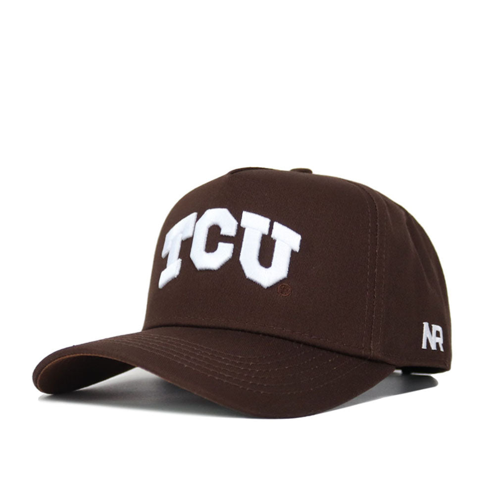 The TCU Americano Hat is a brown structured-fit cap crafted from high quality cotton, featuring white embroidered TCU letters on the front and NR on the left side, displayed against a plain white background.