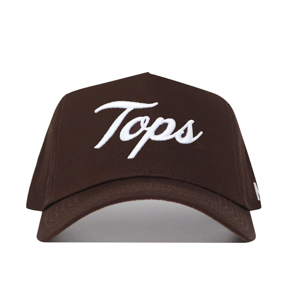 The Western Kentucky Americano Hat is a brown baseball cap made from high-quality cotton, featuring "Tops" embroidered in white script on the front and a snapback closure, shown against a plain white background.