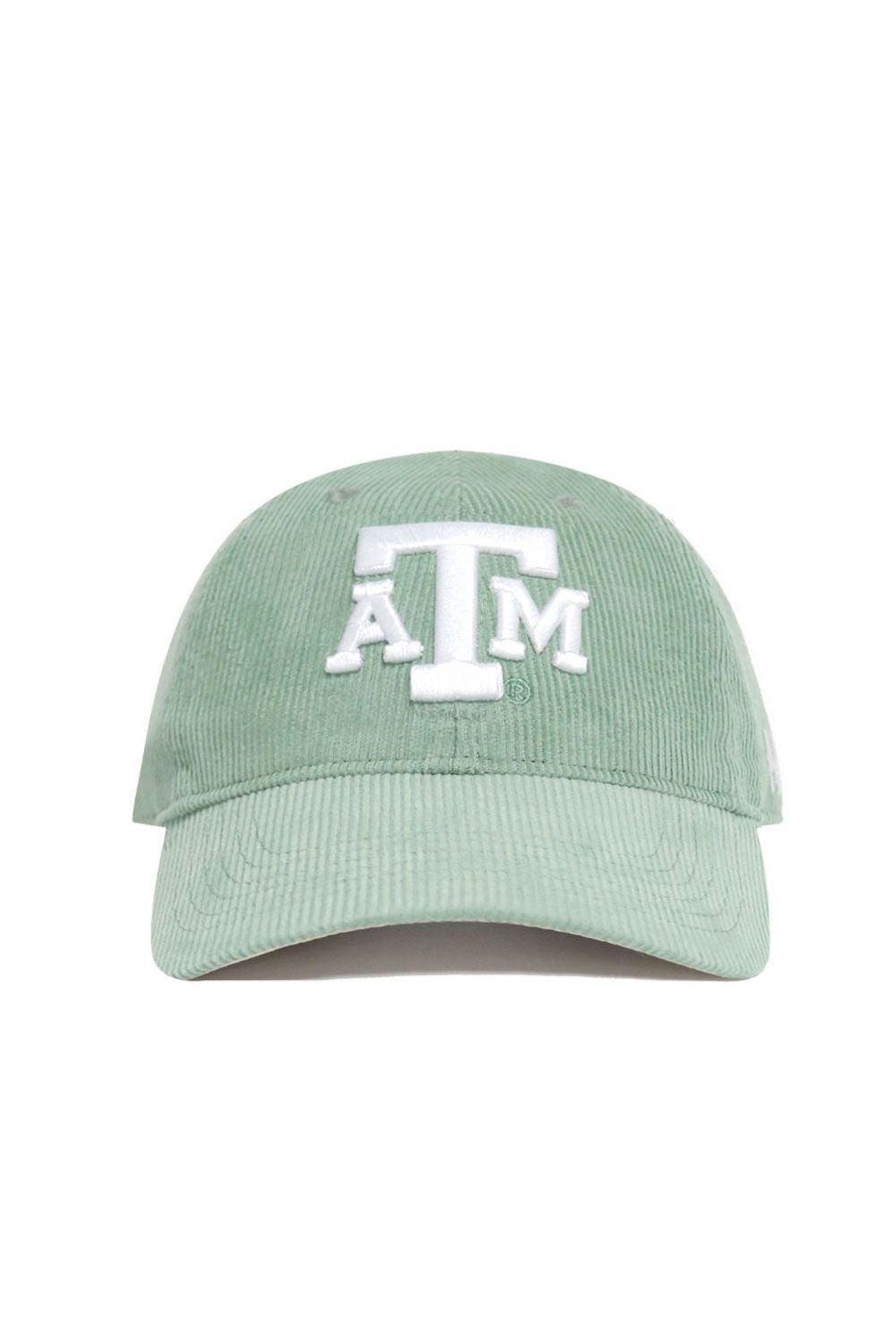 The No Rivals Texas A&M Corduroy Hat in Spring Green features an unstructured fit, adjustable strap, and a white embroidered ATM logo on the front, offering comfort and school spirit. Officially licensed.