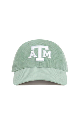 The No Rivals Texas A&M Corduroy Hat in Spring Green features an unstructured fit, adjustable strap, and a white embroidered ATM logo on the front, offering comfort and school spirit. Officially licensed.