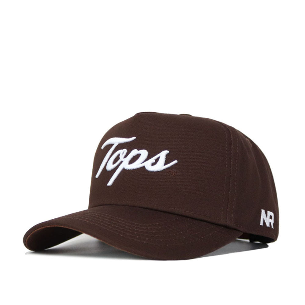 The Western Kentucky Americano Hat is a brown cotton baseball cap with "Tops" embroidered in white cursive on the front and "NR" in white on the left side.