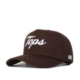 The Western Kentucky Americano Hat is a brown cotton baseball cap with "Tops" embroidered in white cursive on the front and "NR" in white on the left side.