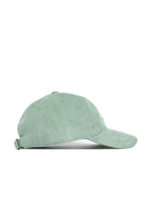 Side view of the No Rivals Texas A&M Corduroy Hat in unstructured spring green, featuring a curved brim and adjustable strap, displayed on a white background.