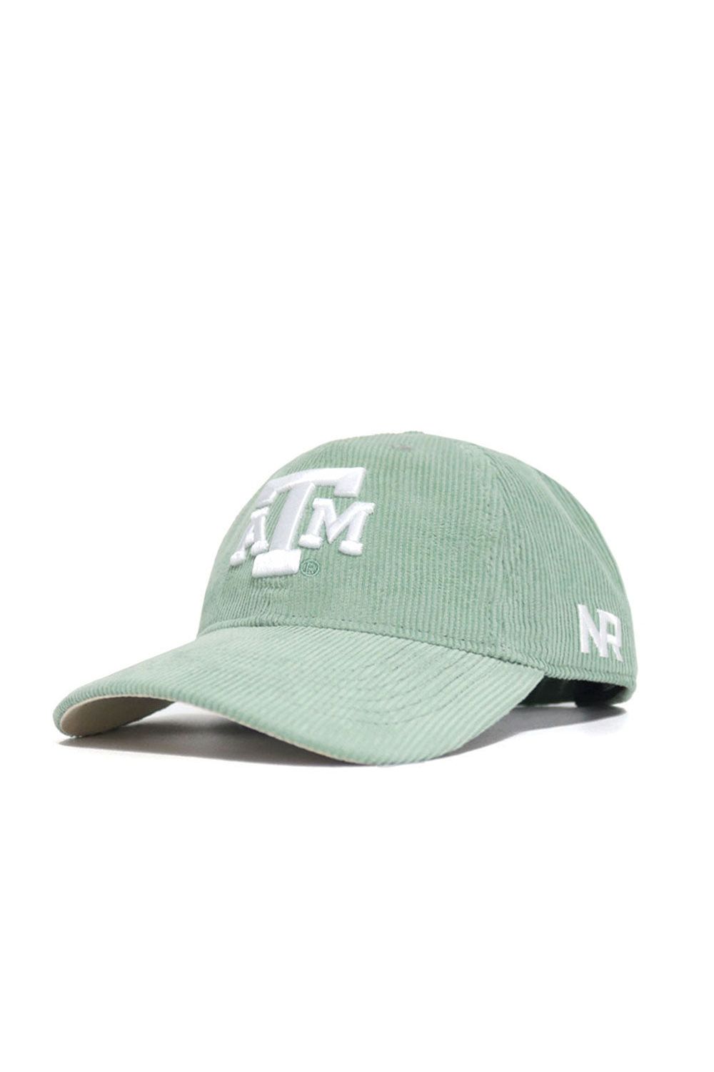 The Texas A&M Corduroy Hat by No Rivals features spring green corduroy, a white embroidered ATM logo on the front, NR on the side, curved brim, unstructured fit, and adjustable strap for comfort. Officially licensed.