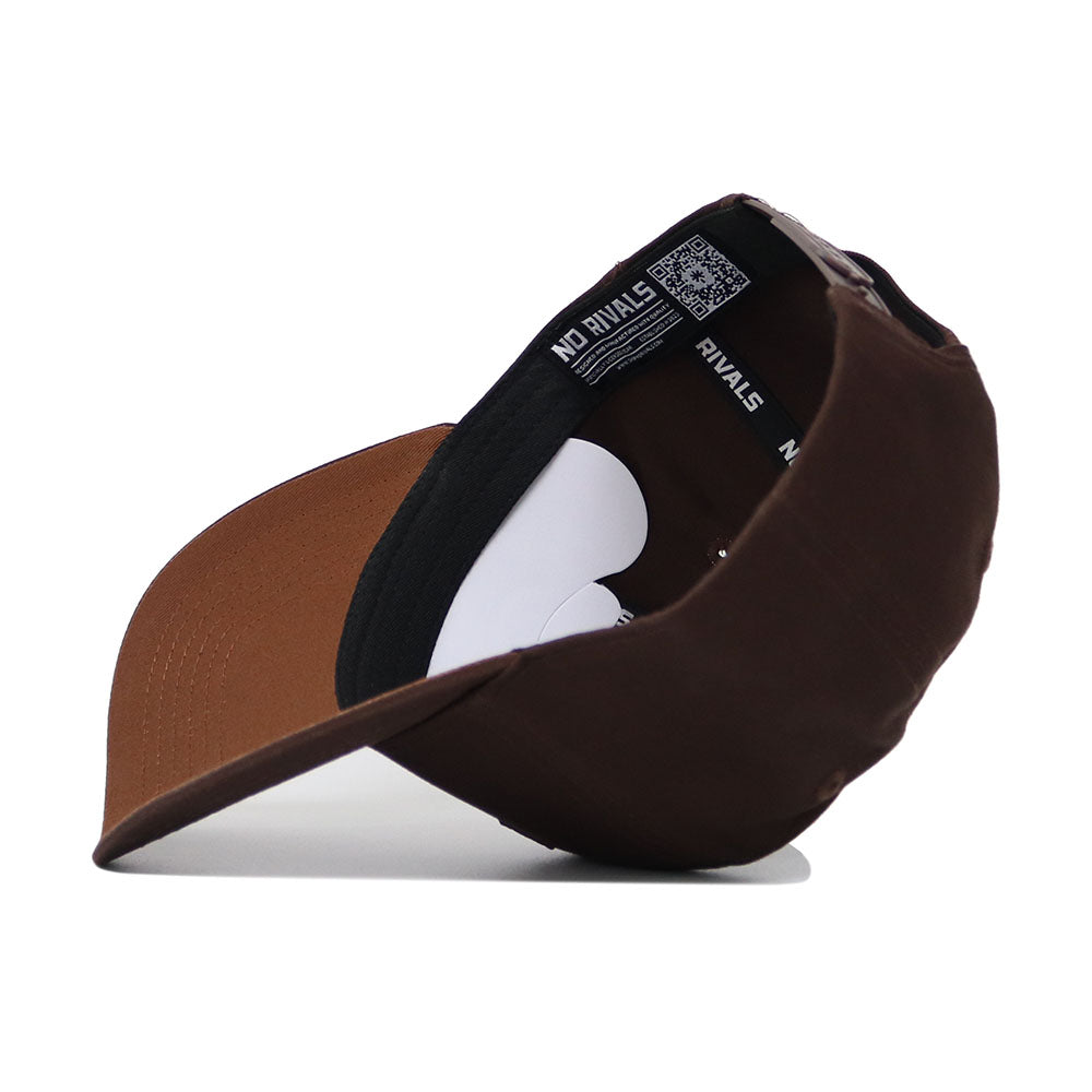 The Texas Tech Americano Hat, made of high quality brown cotton, is shown upside down to display its black interior lining featuring white "NO RIVALS" text around the band.