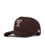 The Texas Tech Americano Hat is a brown cotton baseball cap with a white outlined “TT” logo on the front, a small white NR logo on the left, and features a curved brim and classic design.