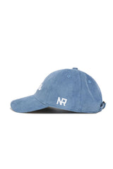 The No Rivals Dallas Corduroy Hat - Unstructured - Sky Blue (B2B) features a 6-panel design with white embroidered NR letters on the side, shown in a left side profile view.