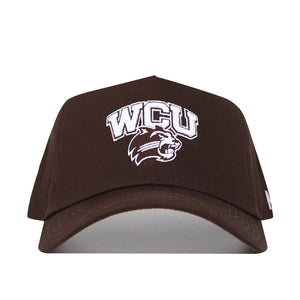 The Western Carolina Americano Hat is a brown snapback with a structured fit, featuring white embroidered WCU and wildcat logos on the front.
