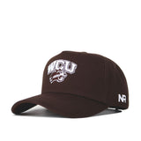 The Western Carolina Americano Hat is a structured brown cotton baseball cap featuring WCU and a wildcat logo embroidered in white on the front, with NR stitched in white on the side.