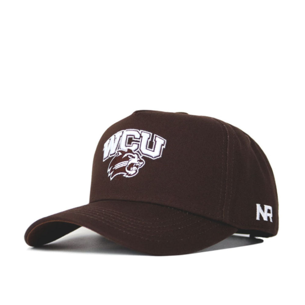 The Western Carolina Americano Hat is a structured brown cotton baseball cap featuring WCU and a wildcat logo embroidered in white on the front, with NR stitched in white on the side.