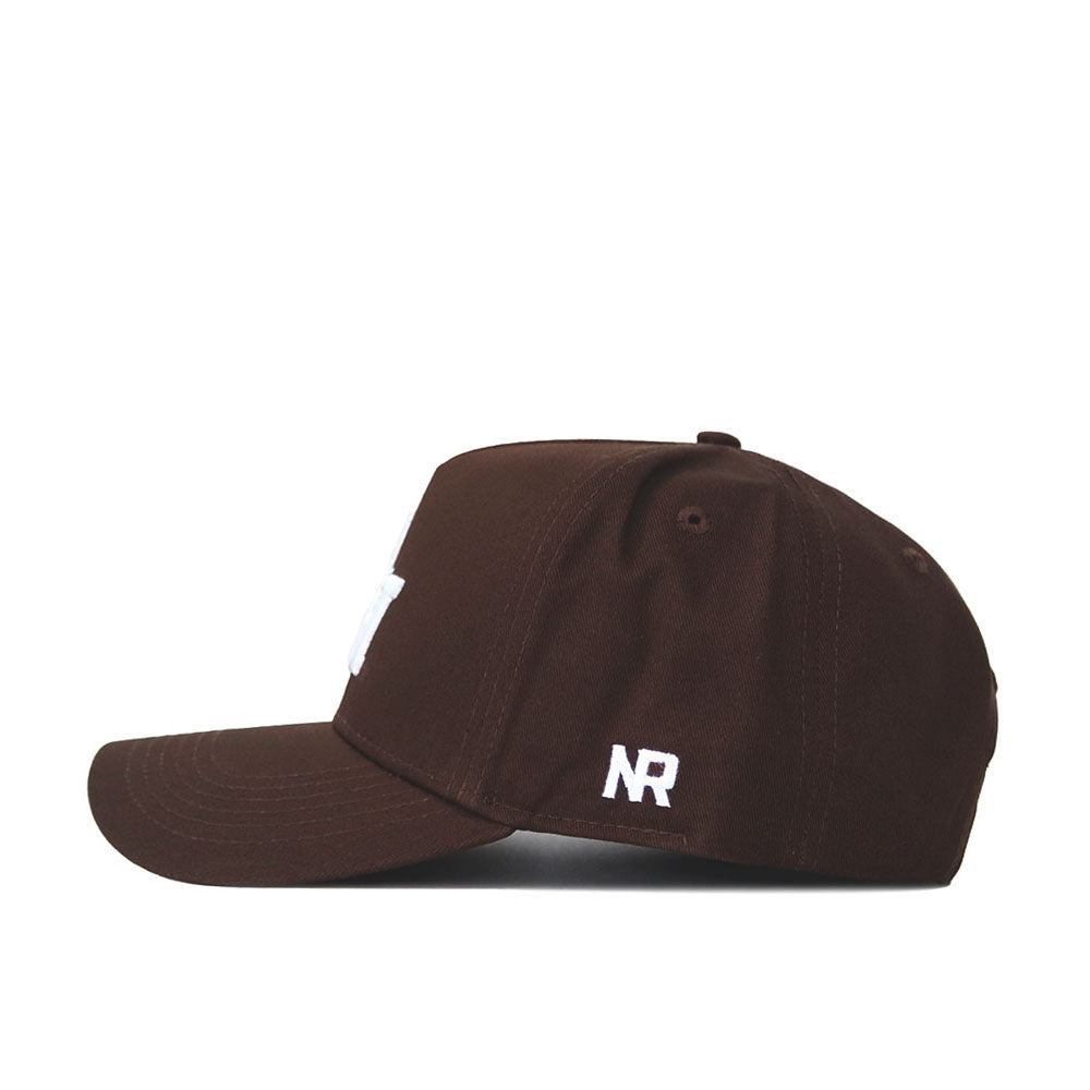 The Sam Houston State Americano Hat is displayed in a side view, featuring white embroidered NR letters near the back, a flat brim, visible stitching, high quality cotton construction, and an adjustable snapback closure.