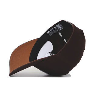 The Sam Houston State Americano Hat is a brown baseball cap with a tan underside of the brim and a black headband featuring repeated NO RIVALS text. Crafted from high-quality cotton for lasting comfort.
