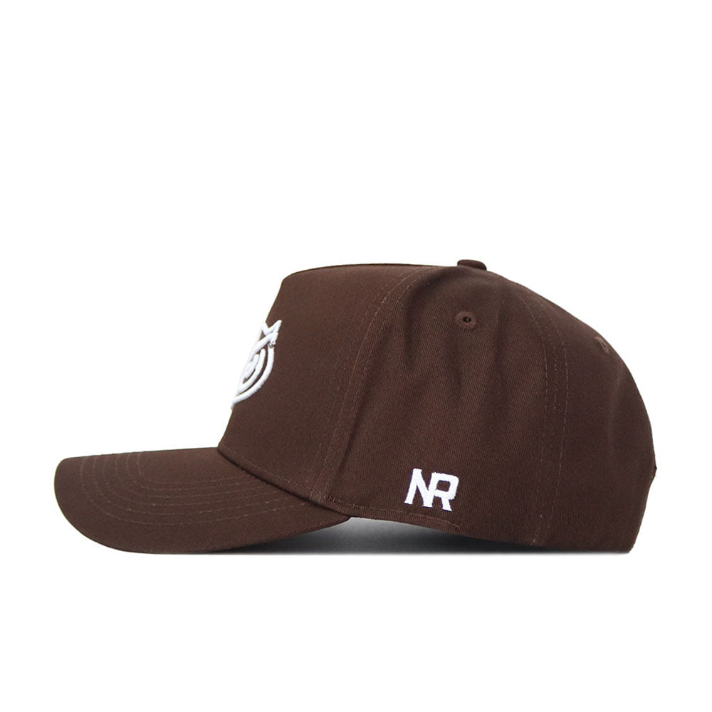 The Florida Atlantic (FAU) Americano Hat is a brown structured fit cap with a white embroidered front logo and "NR" stitched on the left side. Crafted from premium cotton, it offers comfort and durability.