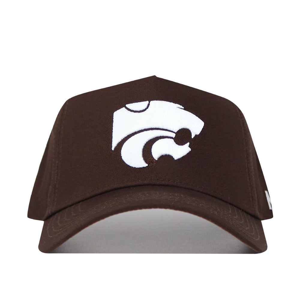 The Kansas State Americano Hat is a brown cotton baseball cap featuring a white stylized wildcat logo on the front.