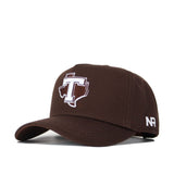The Tarleton Americano Hat is a brown snapback with a white Texas outline and large T on the front, NR stitched on the side, and crafted from high-quality cotton for a structured fit.