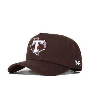 The Tarleton Americano Hat is a brown snapback with a white Texas outline and large T on the front, NR stitched on the side, and crafted from high-quality cotton for a structured fit.