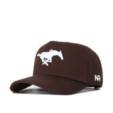 The SMU Americano Hat is a brown cotton baseball cap with a white running horse logo on the front and "NR" embroidered in white on the side.