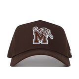 The Memphis Americano Hat is a brown snapback made from high-quality cotton, featuring a large white "M" outlined in brown with a detailed white tiger head on the front panel for a structured fit.