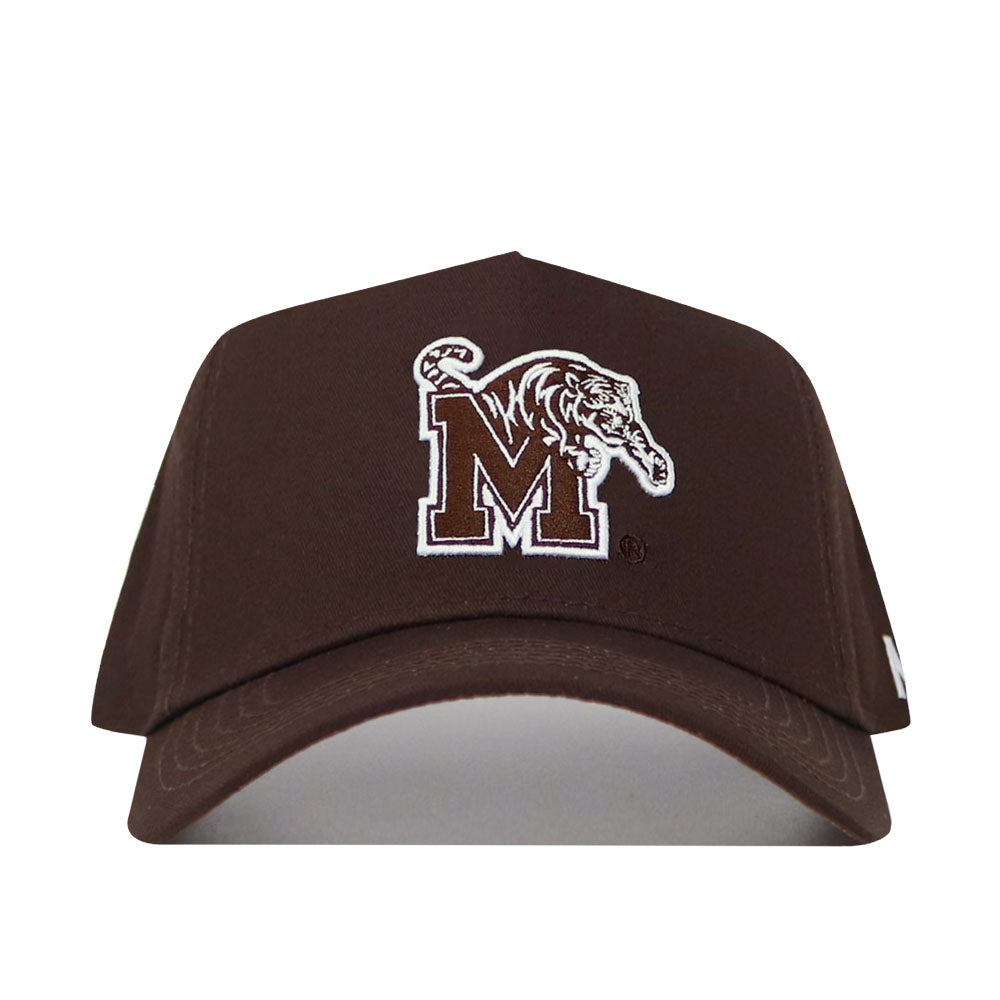 The Memphis Americano Hat is a brown snapback made from high-quality cotton, featuring a large white "M" outlined in brown with a detailed white tiger head on the front panel for a structured fit.