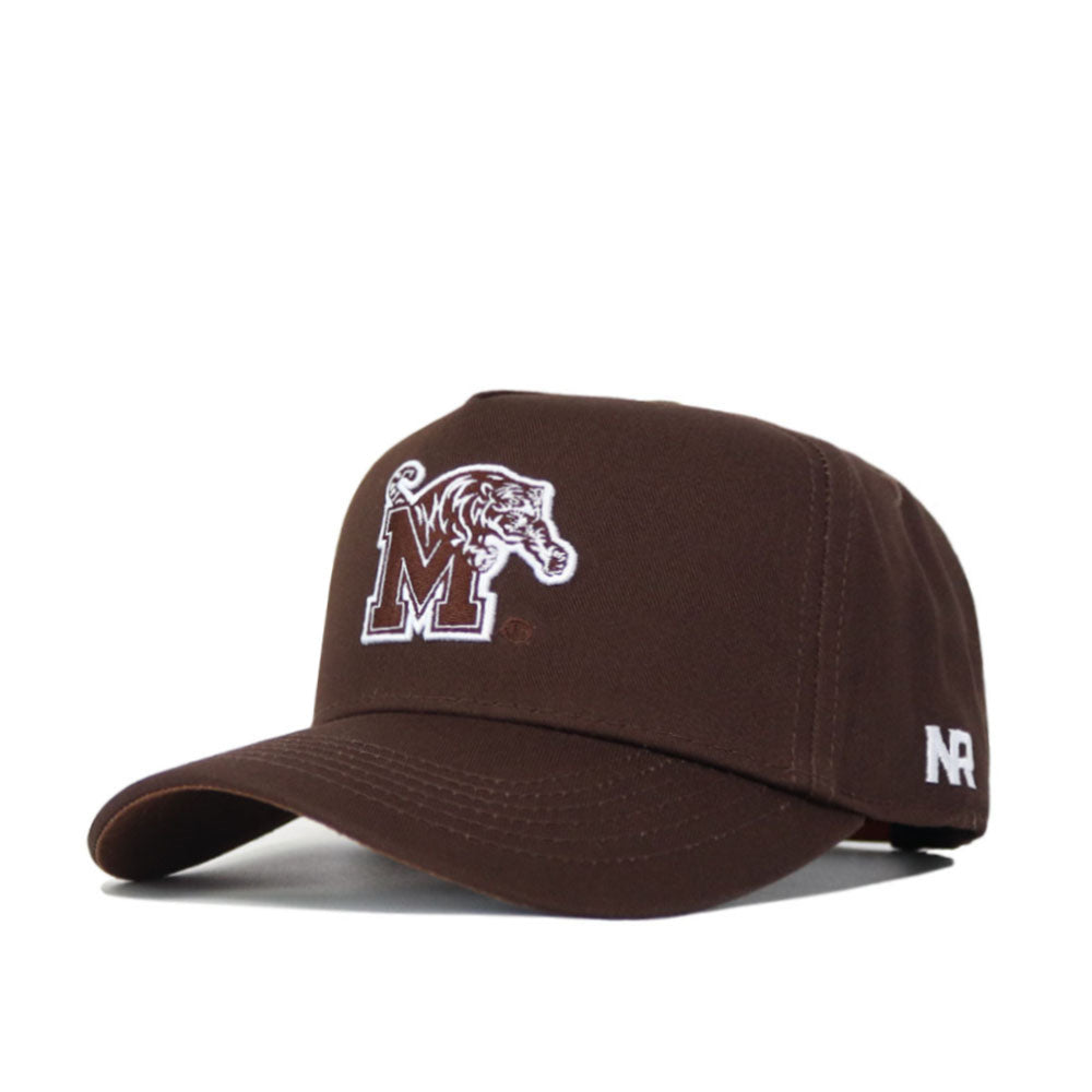 The Memphis Americano Hat is a brown cotton snapback with a white embroidered M and tiger logo on the front, plus white NR initials stitched on the side.