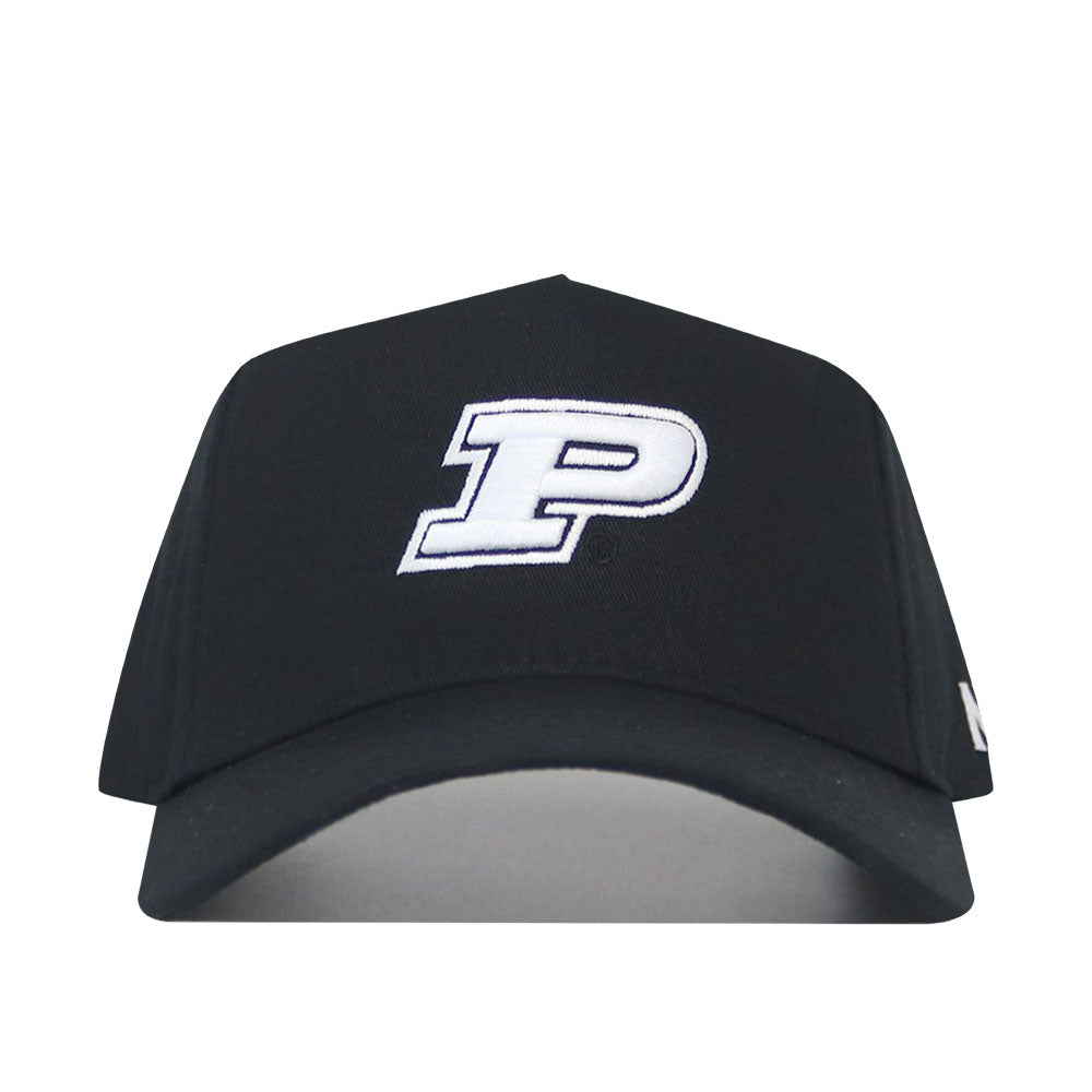 The Purdue Americano Hat is a black snapback featuring a large white letter "P" outlined in black on the front center, made from high-quality cotton for a structured fit.