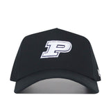 The Purdue Americano Hat is a black snapback featuring a large white letter "P" outlined in black on the front center, made from high-quality cotton for a structured fit.