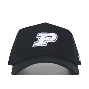 The Purdue Americano Hat is a black snapback featuring a large white letter "P" outlined in black on the front center, made from high-quality cotton for a structured fit.