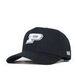 The Purdue Americano Hat is a black snapback made of premium cotton, featuring a white embroidered P logo on the front and NR stitched in white on the side. Its structured fit is angled slightly to the left.