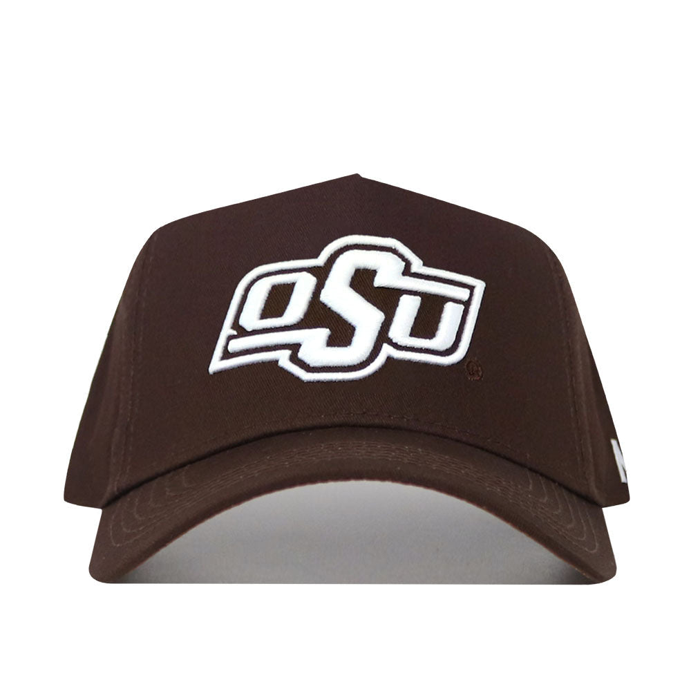 The Oklahoma State Americano Hat is an officially licensed brown cotton baseball cap with white embroidered OSU letters on the front, shown against a plain white background.