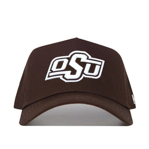The Oklahoma State Americano Hat is an officially licensed brown cotton baseball cap with white embroidered OSU letters on the front, shown against a plain white background.