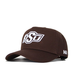 The Oklahoma State Americano Hat is a brown cotton baseball cap with a white embroidered OSU logo on the front and "NR" stitched on the left side of the brim.