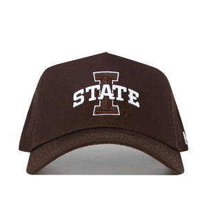 The Iowa State Americano Hat is a structured brown cotton baseball cap featuring a bold white "I" and "STATE" embroidered on the front.