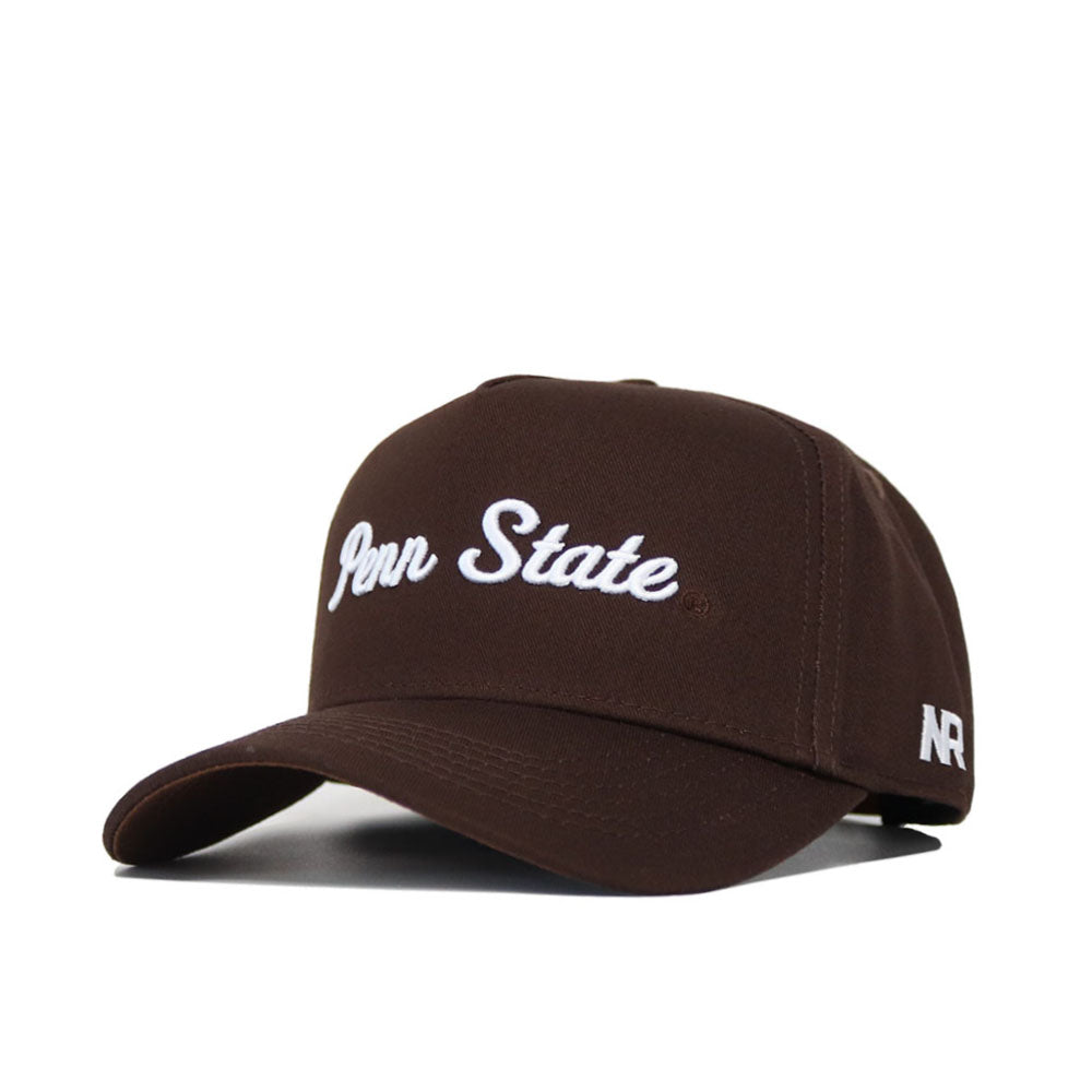The Penn State Americano Hat is a brown cotton baseball cap featuring "Penn State" embroidered in white on the front and "NFR" stitched on the brim's side, plus a snapback closure for comfort.