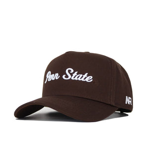 The Penn State Americano Hat is a brown cotton baseball cap featuring "Penn State" embroidered in white on the front and "NFR" stitched on the brim's side, plus a snapback closure for comfort.