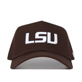 The LSU Americano Hat is a brown cotton baseball cap with a structured fit and white embroidered LSU letters on the front.