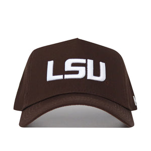 The LSU Americano Hat is a brown cotton baseball cap with a structured fit and white embroidered LSU letters on the front.