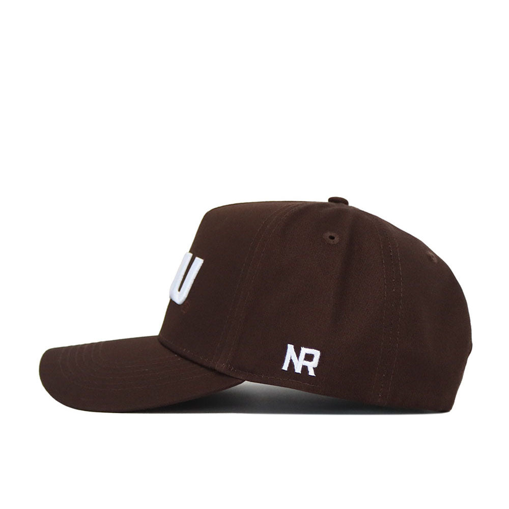The LSU Americano Hat is a structured brown cotton baseball cap with a curved brim, large white letters on the front, and NR initials embroidered in white on the side, shown here from a side view.