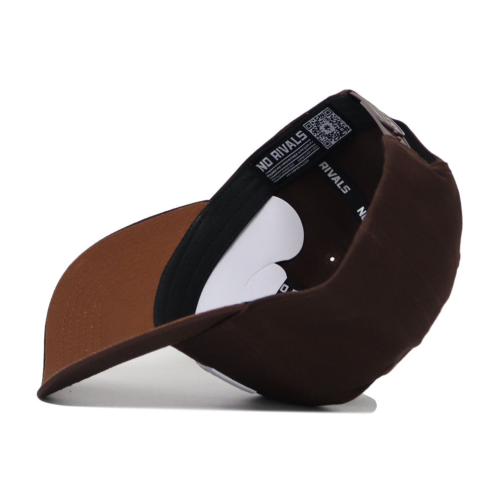 The LSU Americano Hat is shown upside down, revealing its structured brim underside and inside crown, both featuring black and white NO RIVALS labels. The hat is a dark brown snapback style.