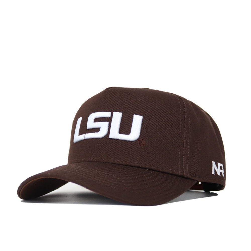 The LSU Americano Hat is a brown cotton snapback featuring “LSU” in large white letters on the front and “NR” on the side. It has a curved brim, adjustable strap, and offers a comfortable structured fit.