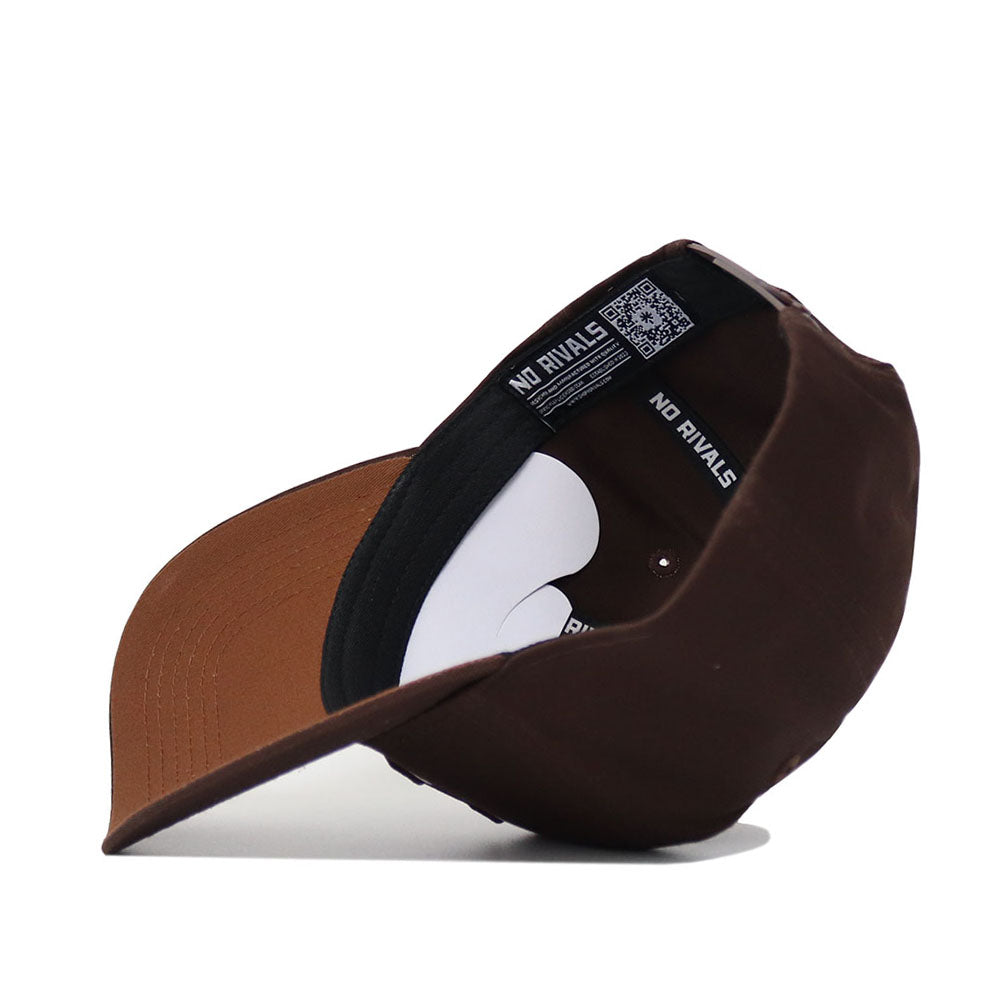 The University of Arizona Americano Hat, made of high quality brown cotton, is shown upside down to reveal its black "NO RIVALS" inner band, white sticker on the brim, and snapback closure.